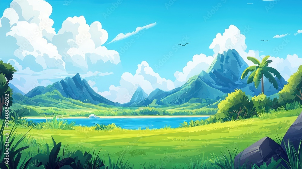 Obraz premium Lush Green Landscape with Mountains, Palm Tree, and Lake