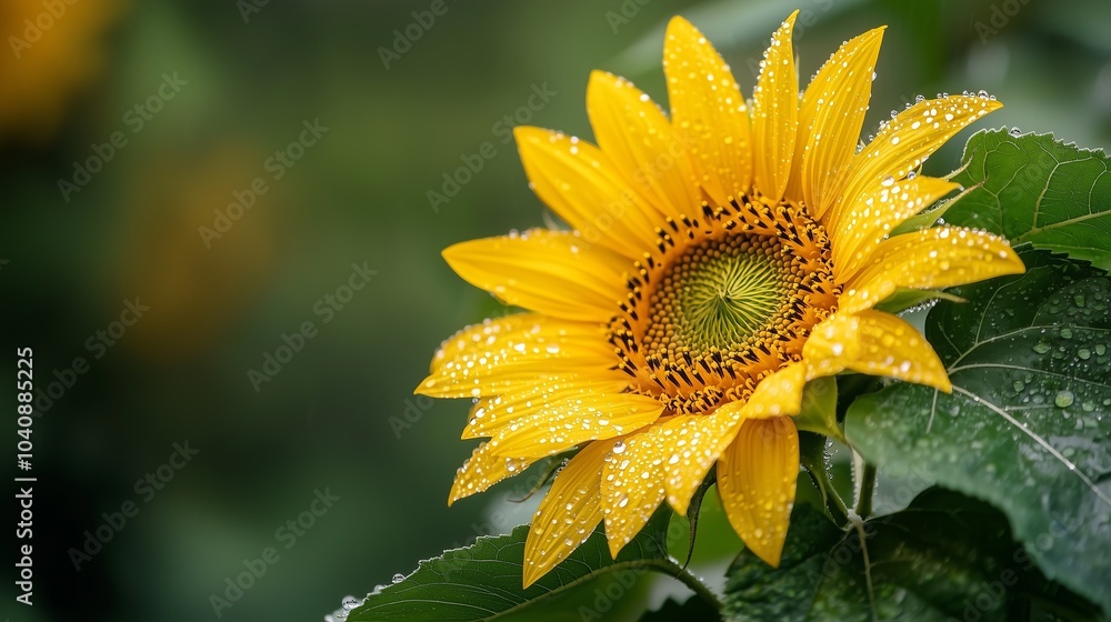 Fototapeta premium Bright Yellow Sunflower with Fresh Drops of Dew