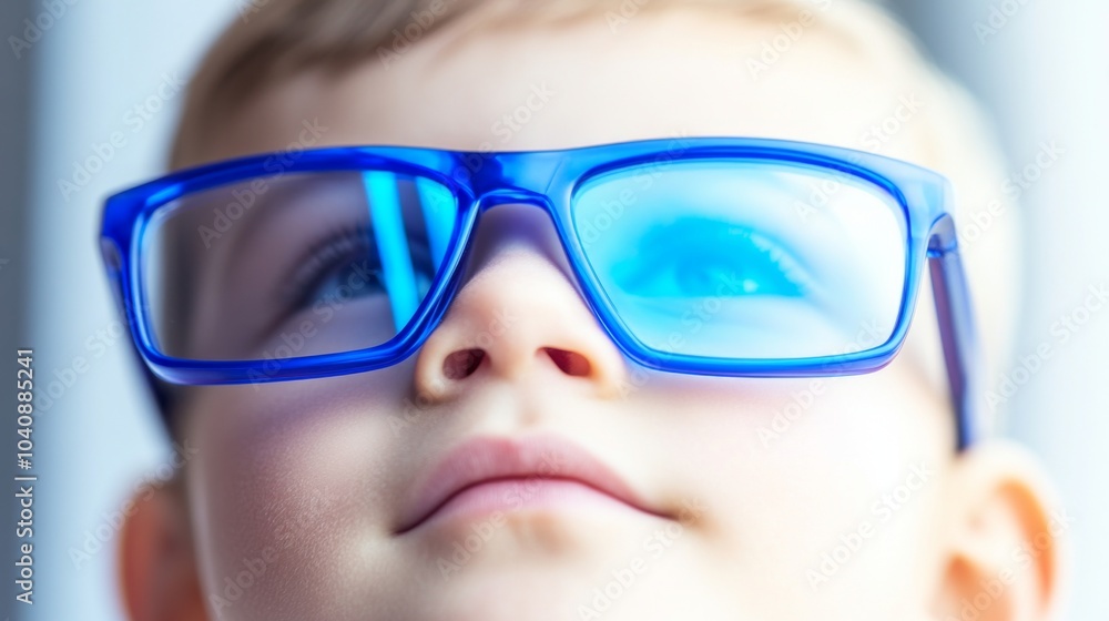 A Young Child in Blue Glasses Gazes at a Distant Tree Outside the Window, Emphasizing the Significance of Outdoor Activities for Myopia Prevention. A Young Child in Blue Glasses Gazes at a Distant Tree Outside the Window, Emphasizing the Significance of Outdoor Activities for Myopia Prevention.