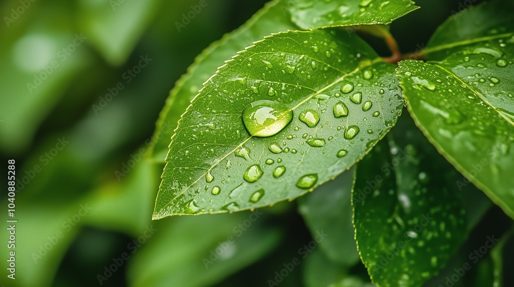 Fresh Green Leaves with Water Droplets Fresh Green Leaves with Water Droplets