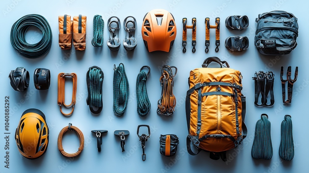 Climbing gear and equipment arranged for outdoor adventure. Climbing gear and equipment arranged for outdoor adventure.