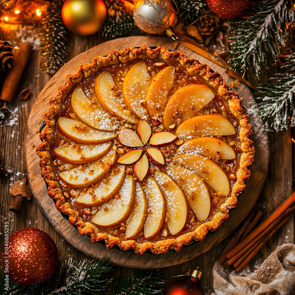 top view of a pear, apple pie, no sugar, with a flaky crust, decorated with pear slices on top, set on a wooden table. pine branches in the background top view of a pear, apple pie, no sugar, with a flaky crust, decorated with pear slices on top, set on a wooden table. pine branches in the background