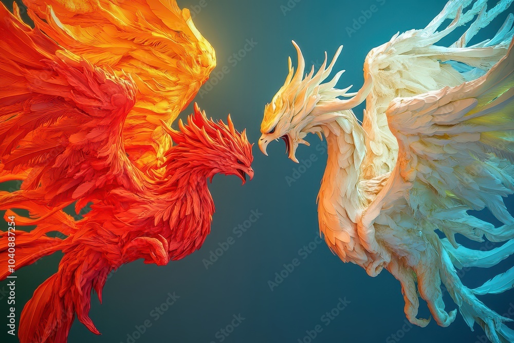 Two birds, one red and one white, are fighting Two birds, one red and one white, are fighting
