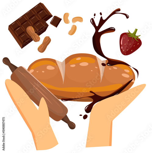 Clipart illustration of bread with various flavors and chocolate melt splash elements