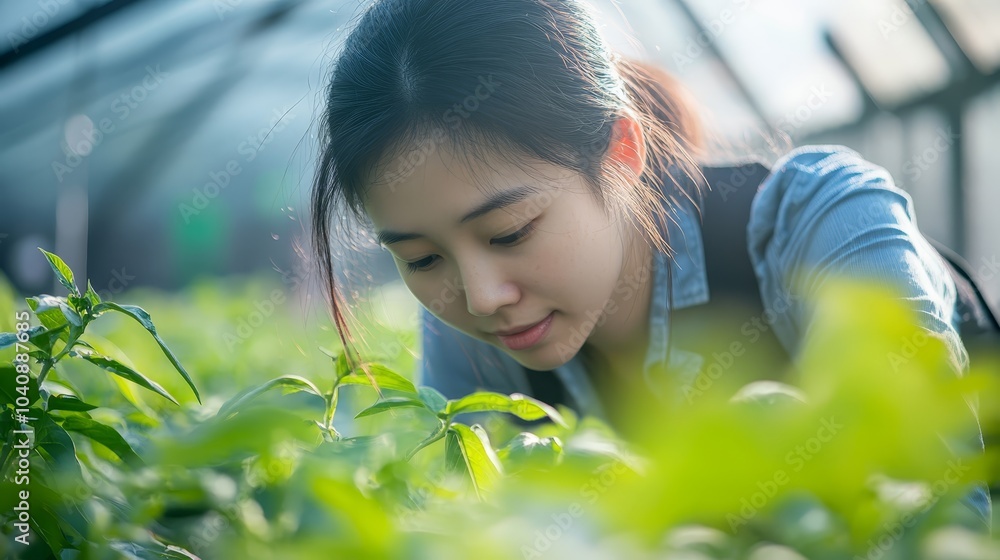 Connecting with nature, woman explores lush greenery in a tranquil greenhouse setting