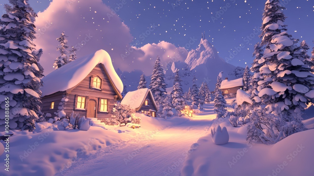 Fototapeta premium Winter wonderland, cozy cottage nestled amidst snowcovered trees and pristine snowdrifts