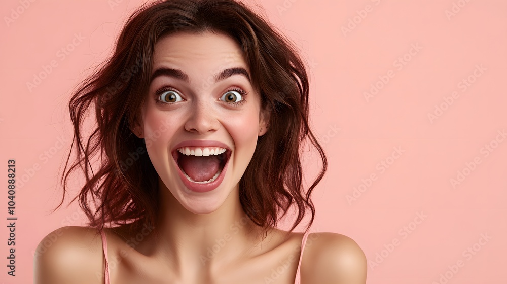 Surprised happy beautiful woman looking in excitement. Studio shot on pink background. Surprised happy beautiful woman looking in excitement. Studio shot on pink background.