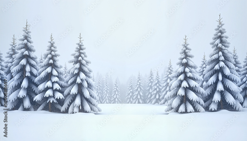 Fototapeta premium Serene winter landscape with snow-covered pine trees in foggy atmosphere and soft light, winter landscape