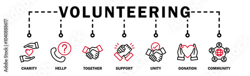 Volunteering banner web icon vector illustration concept for volunteer aid assistant with icon of charity, help, together, support, unity, donation, and community