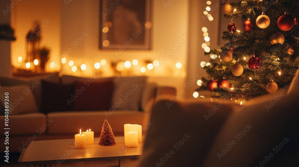 Enchanting christmas tree with glowing candles and ornaments in a festive living room setting Enchanting christmas tree with glowing candles and ornaments in a festive living room setting