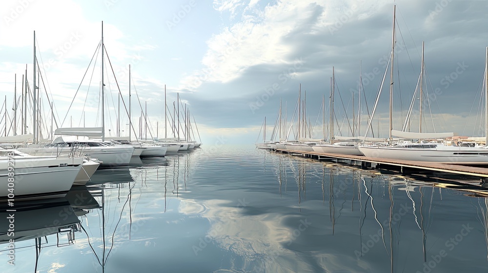 Fototapeta premium Serene marina with sailboats and reflective water.