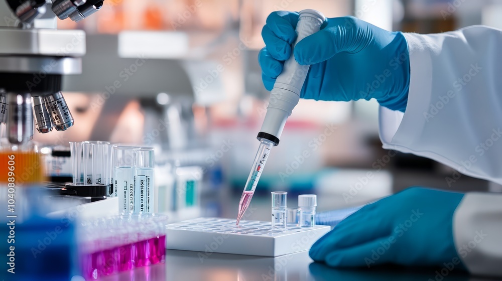 Scientist conducts experiment with precision using a pipe in modern laboratory setting Scientist conducts experiment with precision using a pipe in modern laboratory setting
