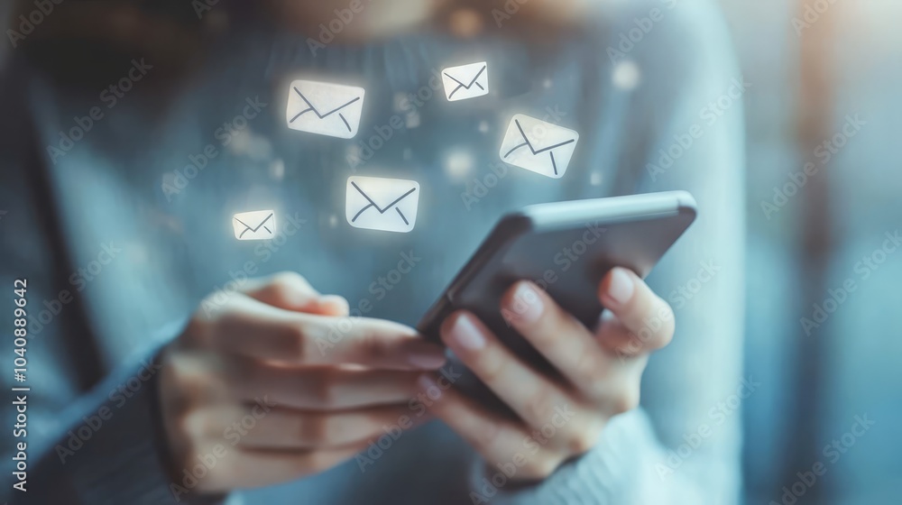 Mobile communication overload, woman inundated with emails on smartphone screen woman Mobile communication overload, woman inundated with emails on smartphone screen woman