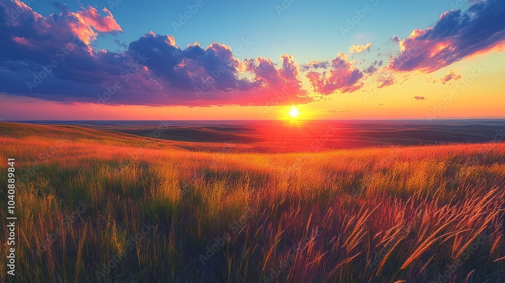 Vibrant sunset over rolling grasslands with dramatic clouds. Vibrant sunset over rolling grasslands with dramatic clouds.