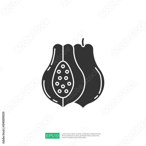A stylized illustration of a halved fruit, showcasing its seeds and texture, designed for graphic use.