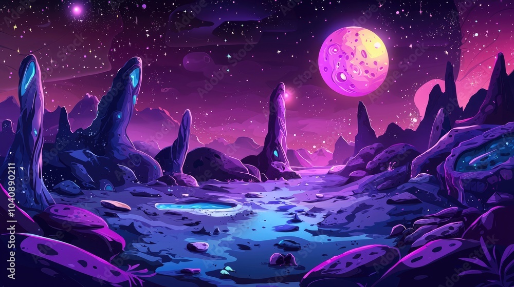 A Surreal Purple and Blue Alien Landscape with a Giant Moon A Surreal Purple and Blue Alien Landscape with a Giant Moon