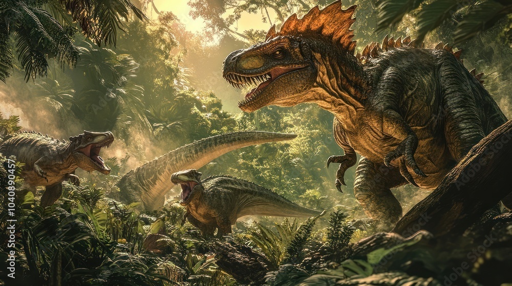 Fototapeta premium Three dinosaurs, one standing on a log, two on the ground, in a jungle.