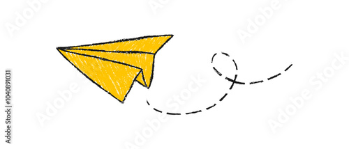 Doodle kids drawing. flying yellow paper airplanes. isolated on white background. vector illustration