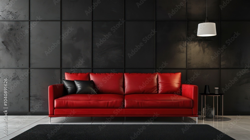 Luxurious black ceramic living room interior with elegant red leather sofa, AI generated image Luxurious black ceramic living room interior with elegant red leather sofa, AI generated image