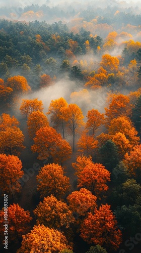 A view of a foggy forest filled with lots of trees covered in orange leaves