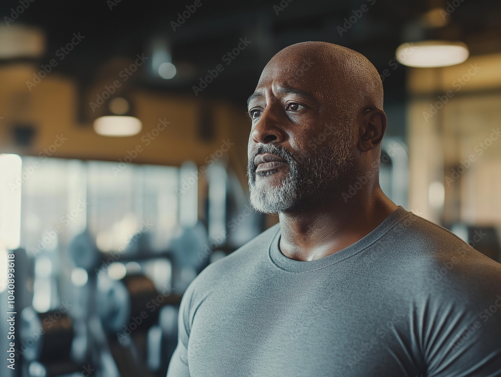 Sweaty, Determined Large Man in a Workout T-Shirt Standing in the Gym after Intense Exercise Sweaty, Determined Large Man in a Workout T-Shirt Standing in the Gym after Intense Exercise