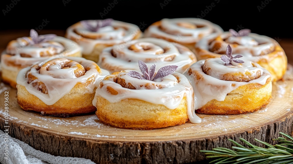 Freshly Baked Cinnamon Rolls with Icing and Herbs Freshly Baked Cinnamon Rolls with Icing and Herbs