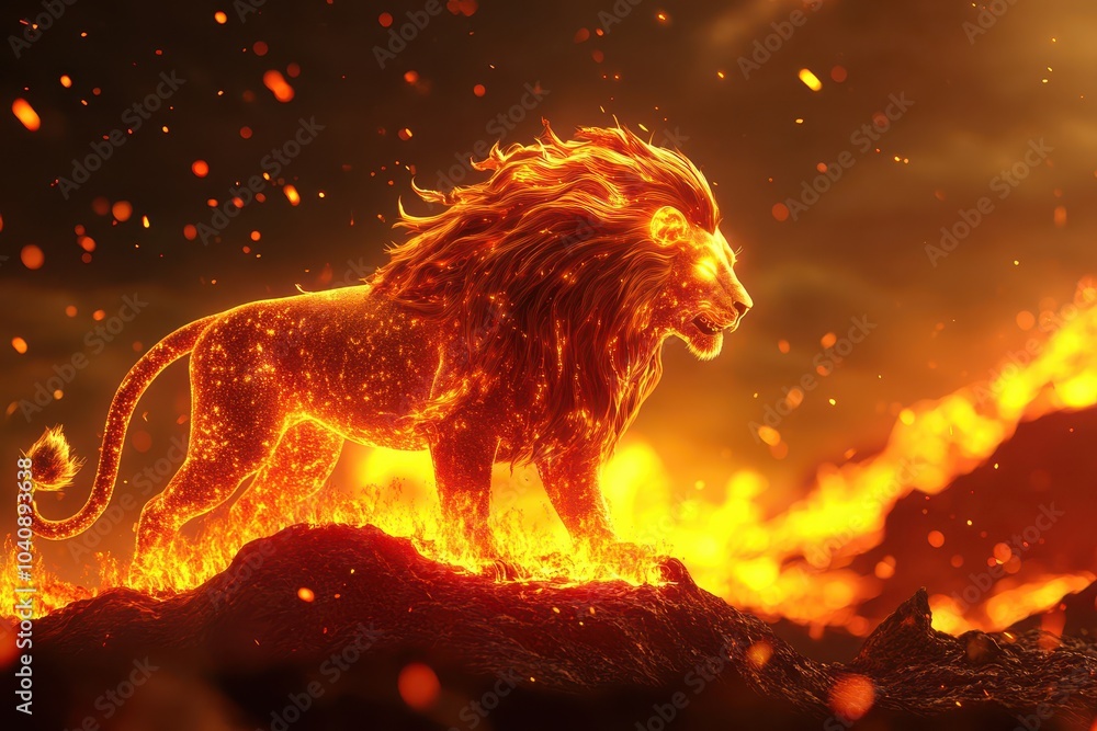 A lion is standing on a rocky surface with fire surrounding it A lion is standing on a rocky surface with fire surrounding it
