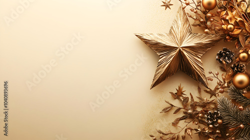 una estrella de navidad rodeada de esferas y decoracion elegante de navidad con espacio de copia para invitacion o tarjeta navideña para la temporada de diciembre