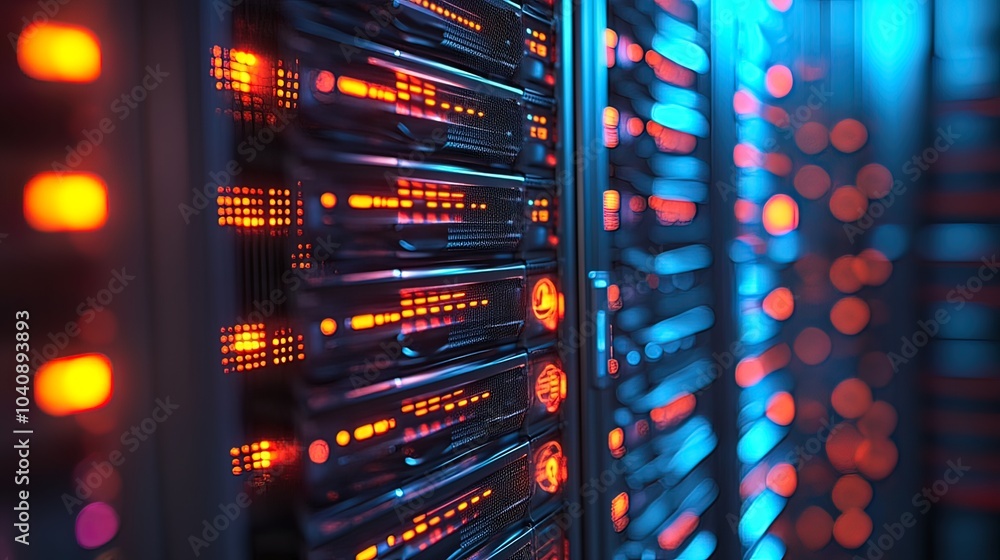 Naklejka premium Server Racks in a Data Center Illuminated with Red and Blue Lights