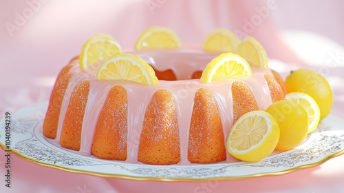 Fresh Lemon Bundt Cake with Glaze and Slices photo