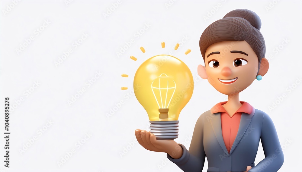 A cheerful character holds a glowing light bulb, symbolizing creativity and innovation in a professional setting. A cheerful character holds a glowing light bulb, symbolizing creativity and innovation in a professional setting.