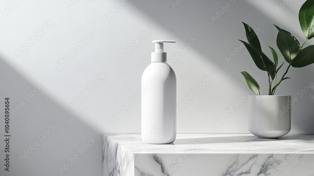 sleek white shampoo bottle stands elegantly on marble counter, complemented by green plant in pot, creating serene and modern bathroom atmosphere sleek white shampoo bottle stands elegantly on marble counter, complemented by green plant in pot, creating serene and modern bathroom atmosphere