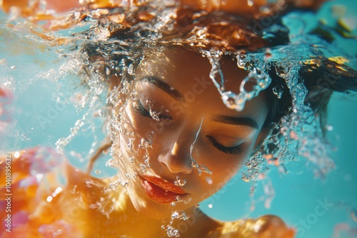 A woman is in a pool of water with her head submerged