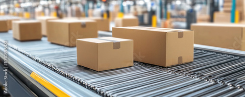 A conveyor belt with several brown boxes on it. The boxes are lined up and appear to be in the process of being sorted or shipped. The conveyor belt is moving