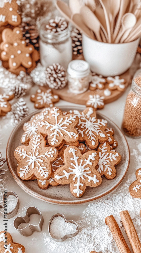 A plate of cookies with snowflakes on them is on a table. The cookies are decorated with white icing and are arranged in a way that they look like they are on a Christmas tree A plate of cookies with snowflakes on them is on a table. The cookies are decorated with white icing and are arranged in a way that they look like they are on a Christmas tree