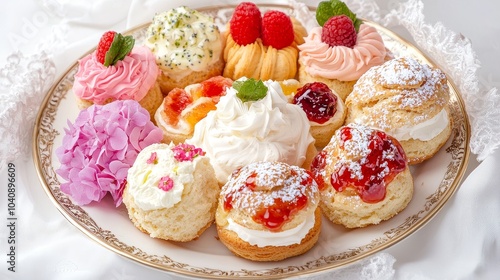 Assorted Scrumptious Cream Cakes on a Decorative Plate