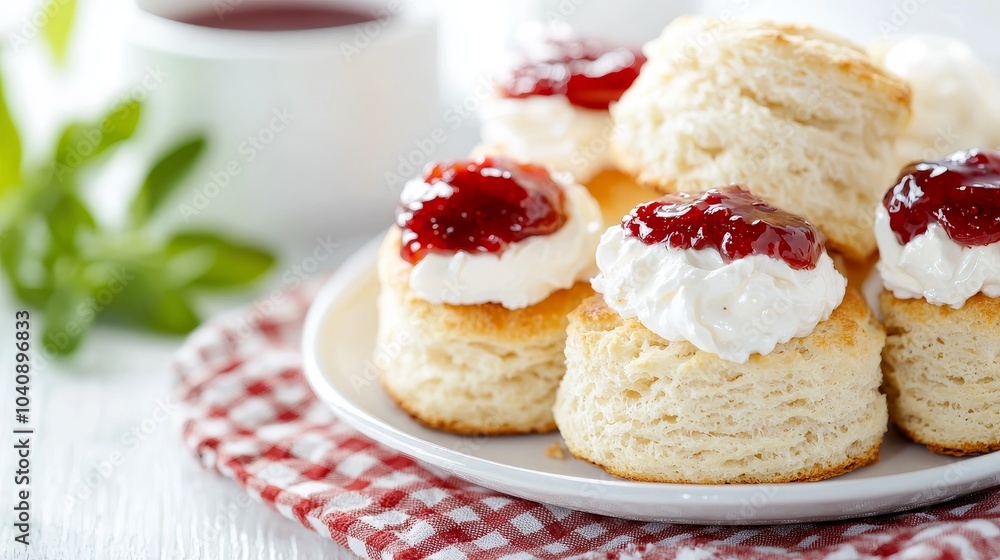 Fluffy Biscuits with Cream and Jam on Plate Fluffy Biscuits with Cream and Jam on Plate