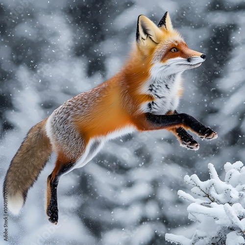 A vibrant orange fox leaps gracefully through the snowy landscape, showcasing its agility and beautiful fur against a wintry backdrop. photo