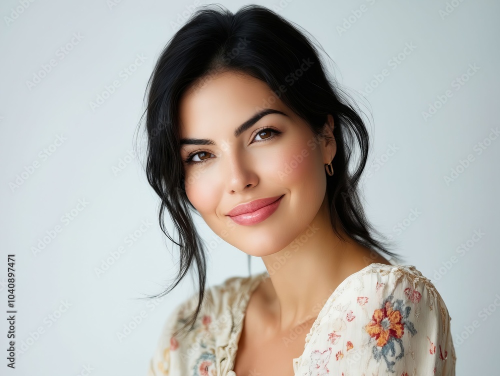 A woman with long black hair wearing a floral blouse A woman with long black hair wearing a floral blouse