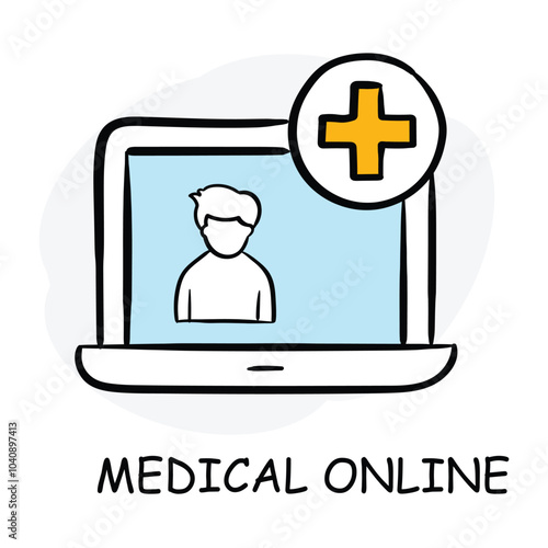 Vector icon for online healthcare. Computer screen with a cross, symbolizing remote consultation.