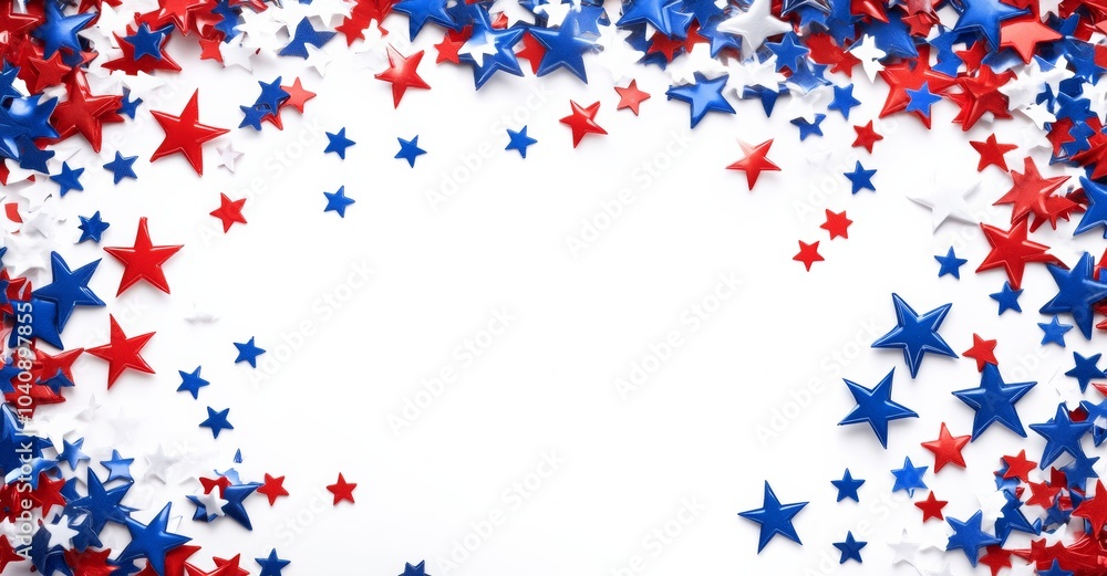 Red, white and blue confetti stars on a background of white background Red, white and blue confetti stars on a background of white background