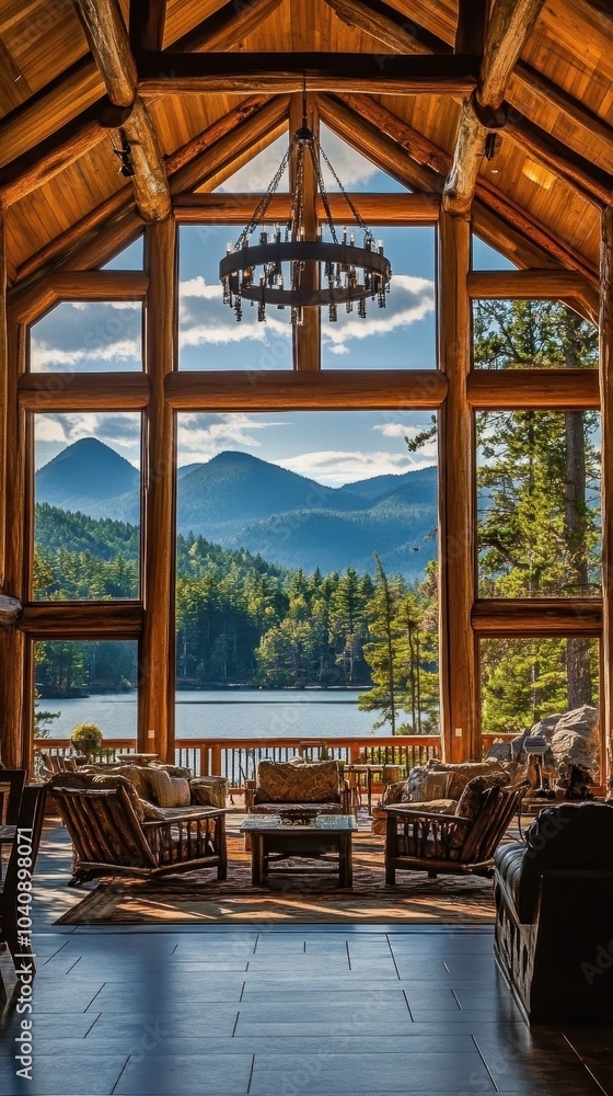 Fototapeta premium Luxury Adirondack Interior Design with Scenic Lake View