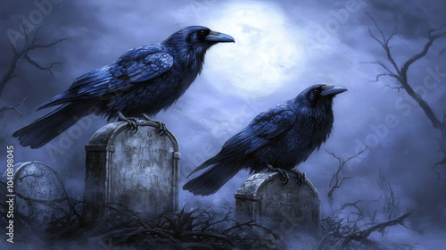 Two crows are perched on a cemetery headstone. The sky is dark and cloudy, and the moon is visible in the background. Scene is eerie and mysterious
