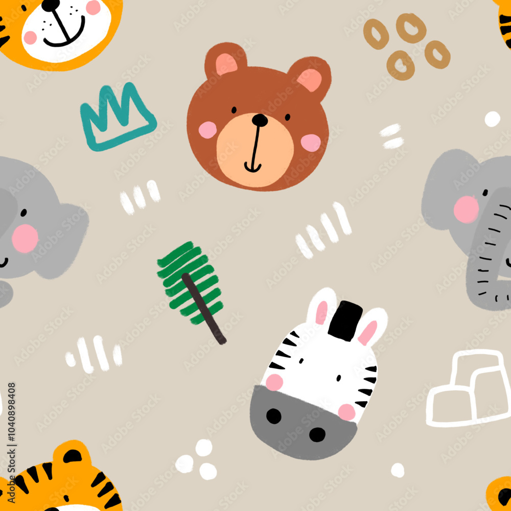 Naklejka premium Repeat pattern, cute cartoon animal