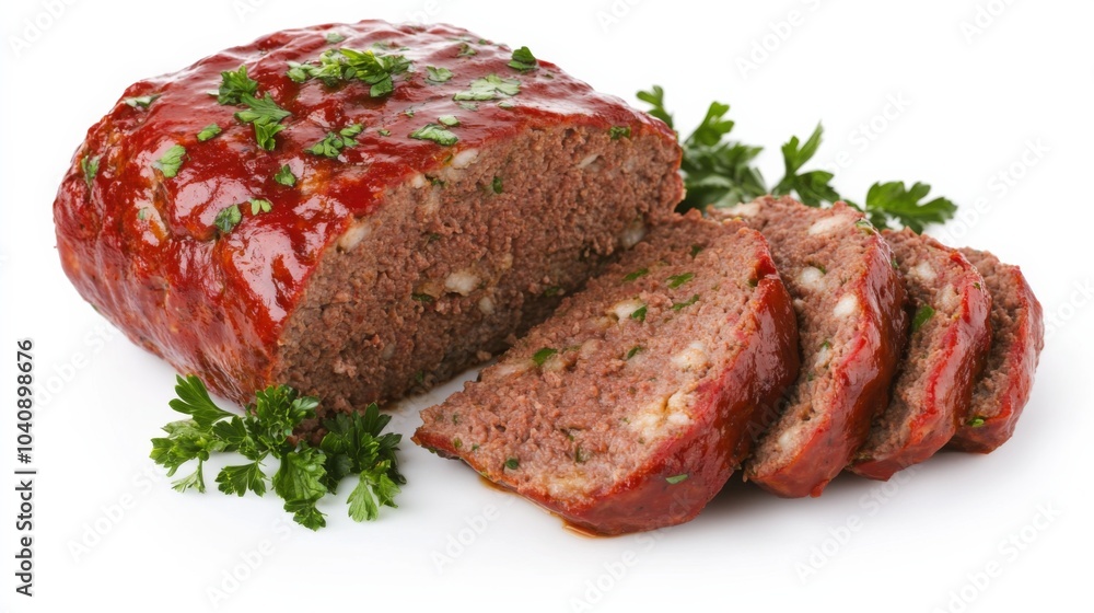 Delicious Meatloaf with Garnish on White Background Delicious Meatloaf with Garnish on White Background