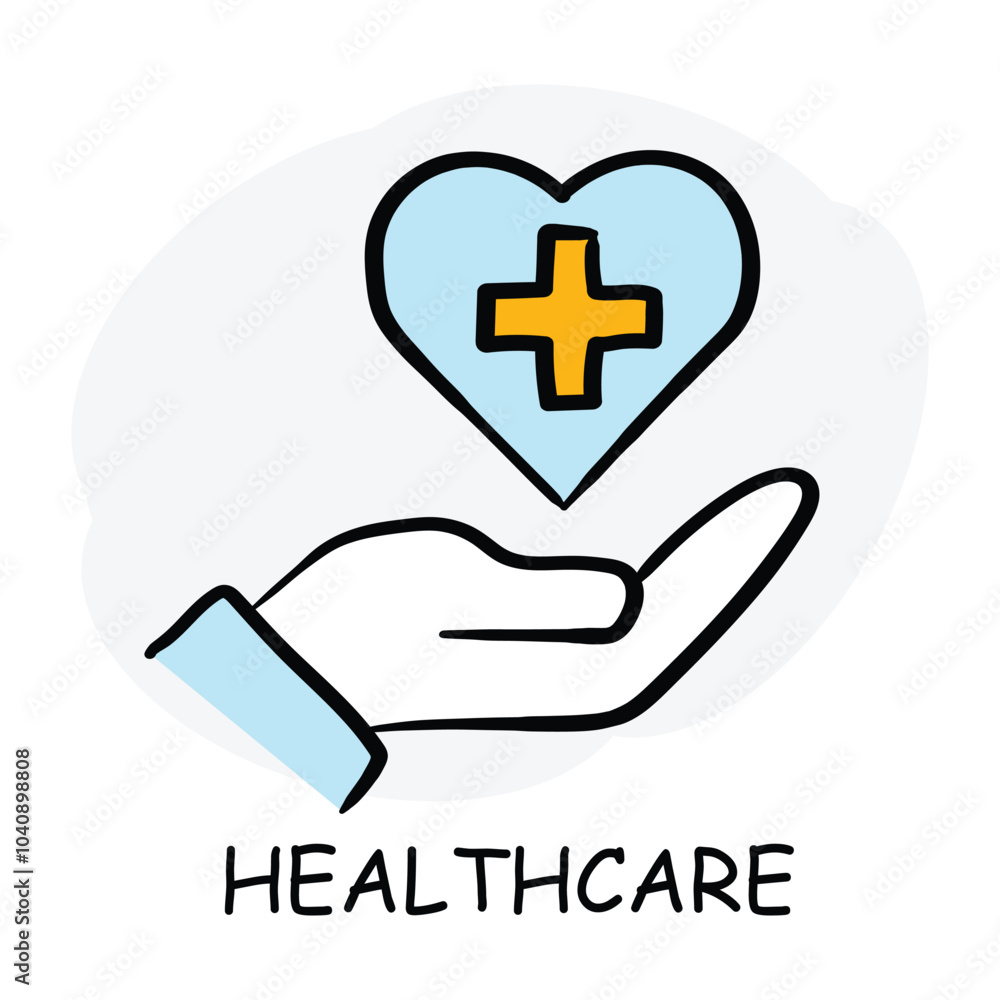 Obraz premium Vector icon for healthcare. Hand holding a heart with a medical cross, in hand-drawn style with light blue and orange colors.