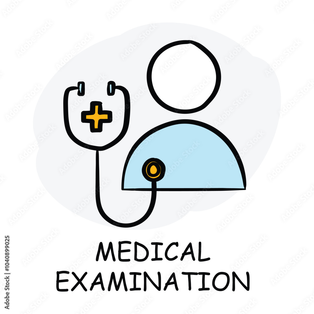 Vector icon for medical examination. Stethoscope connected to a person’s profile in hand-drawn style, with light blue and black colors. Vector icon for medical examination. Stethoscope connected to a person’s profile in hand-drawn style, with light blue and black colors.