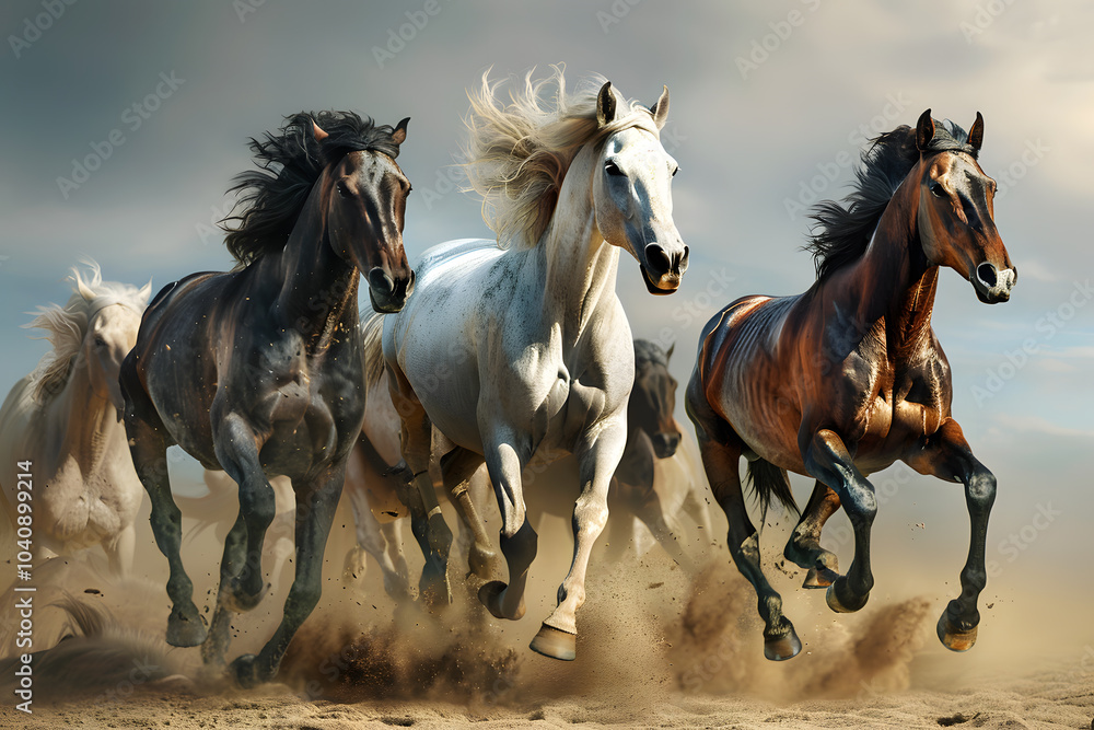 Fototapeta premium A dynamic group of stunning horses galloping through sandy terrain, showcasing their power and elegance in a breathtaking display of motion.