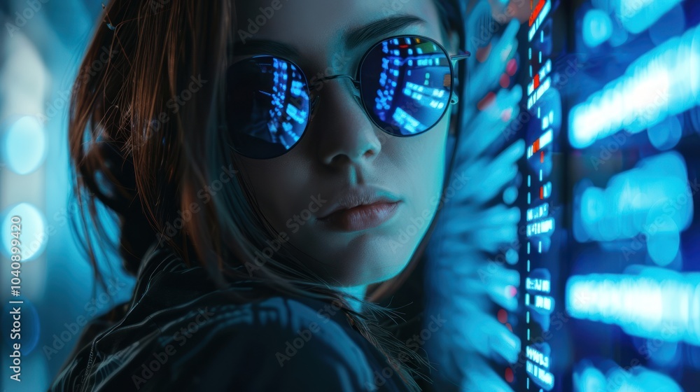 Female hacker in sunglasses on blue digital background, AI generated image Female hacker in sunglasses on blue digital background, AI generated image