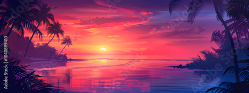 A vibrant sunset over a tranquil beach, featuring rich purples and oranges reflecting on calm waters, framed by palm trees.